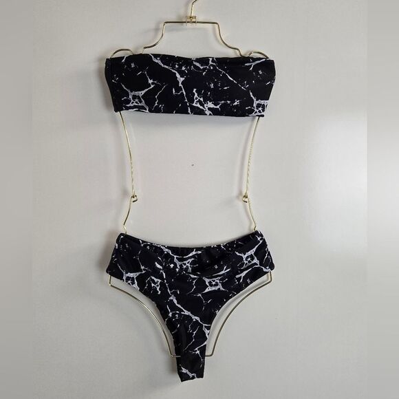 Zaful Marble Print Bikini Set Bandea Top High Waist Cheeky Bottoms Sz M … - Picture 3 of 7
